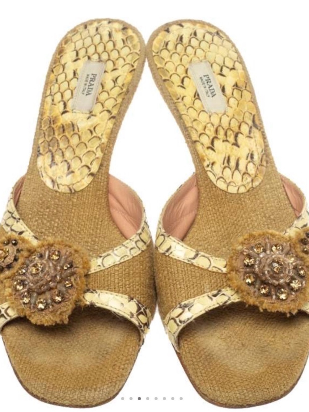 Prada Gold Textured Jute & Python Snakeskin Women’s Heels - Picture 2 of 15